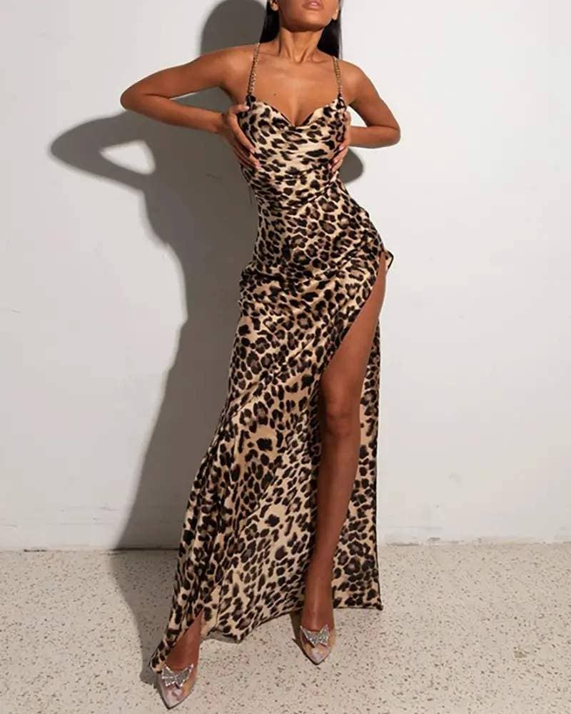 Crisscross backless slit chain decor evening dress