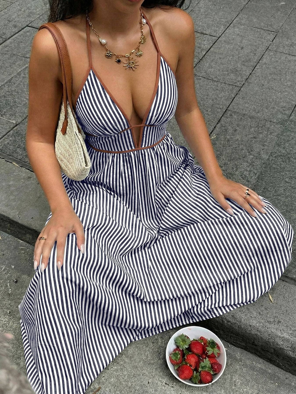 Burgundy Stripe Halter Backless V Neck Maxi Dress