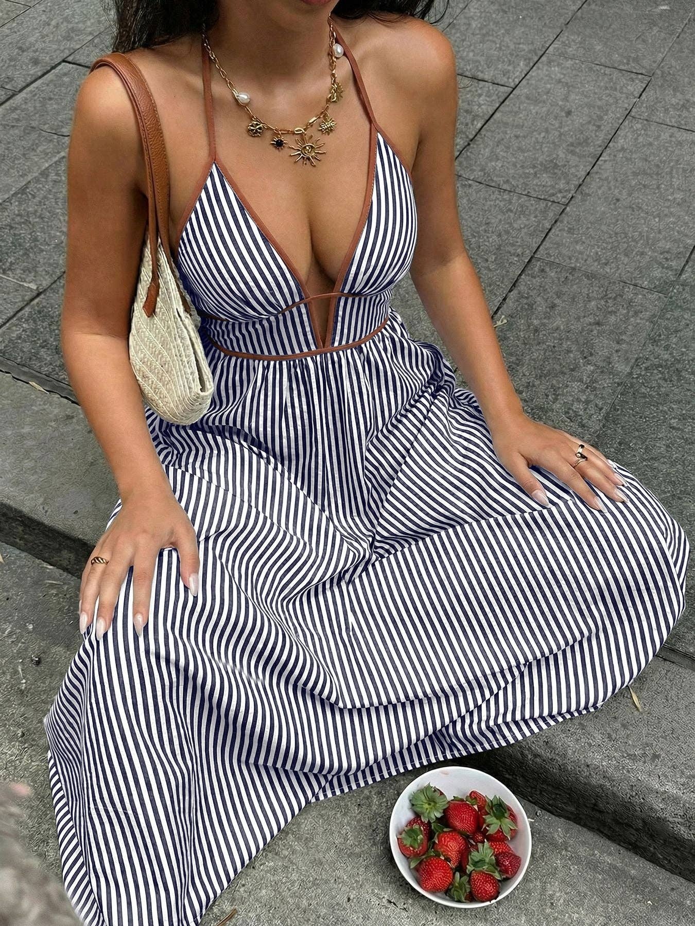 Burgundy Stripe Halter Backless V Neck Maxi Dress