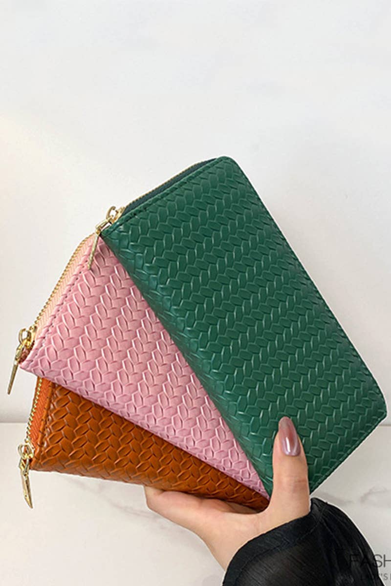 SI-26747 Trendy Vegan Leather Woven Weave Long Wallet