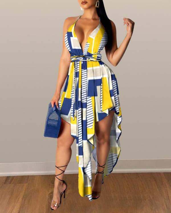 Floral vneck backless pleated irregular dress