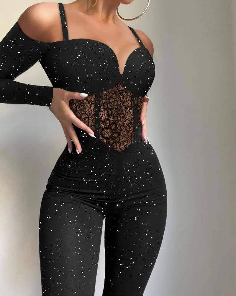 Cold shoulder contrast lace corset jumpsuit