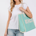 EMBROIDERED BEACH LETTER FRINGE TOTE BAG