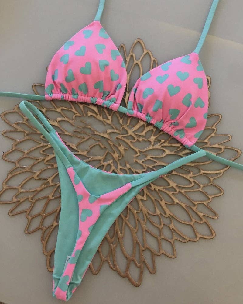 Heart Print Backless Two-Piece Beased Bikini Set 9210