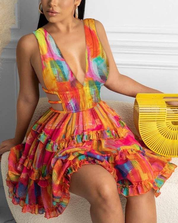 Open front frill hem tie dyed dress
