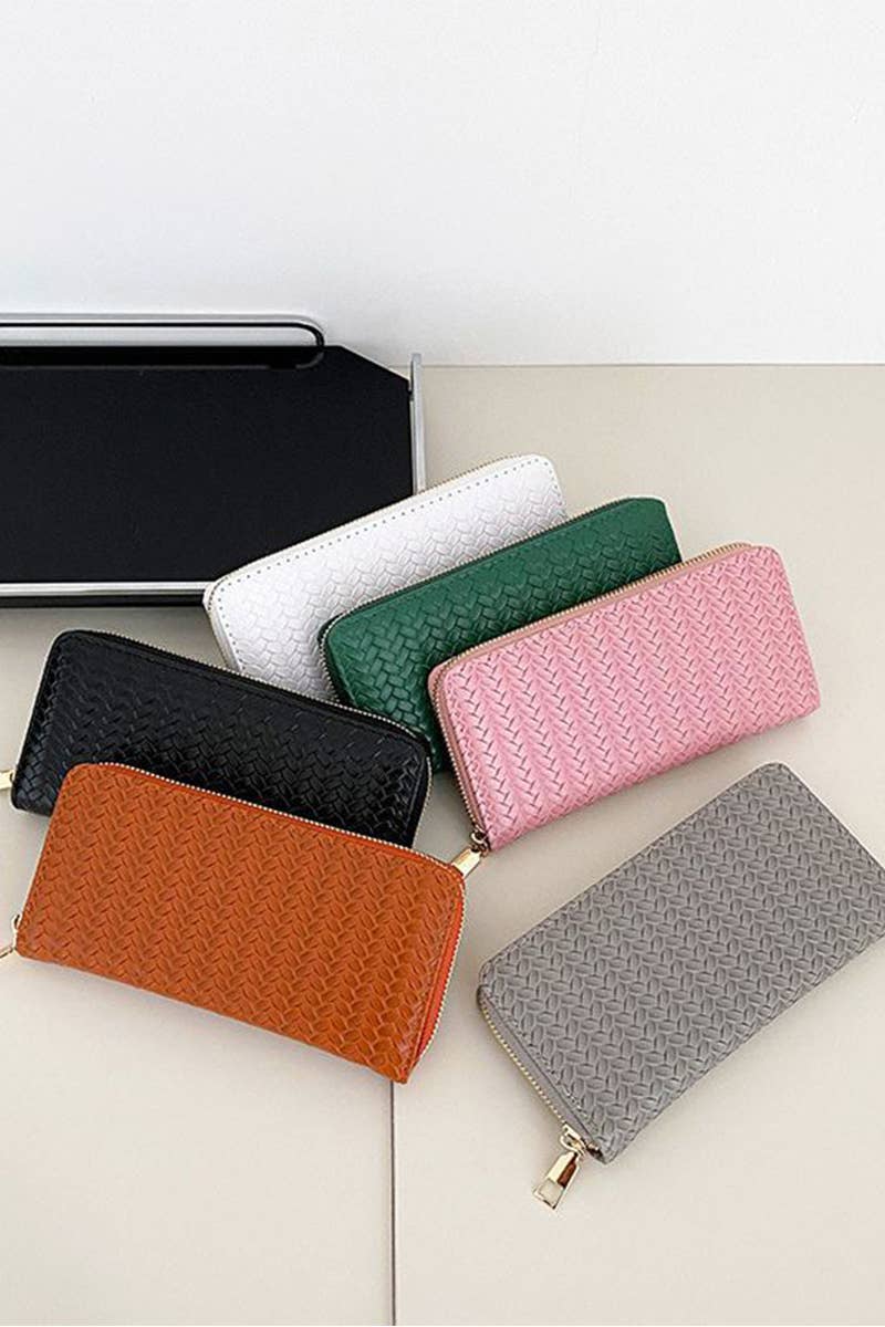 SI-26747 Trendy Vegan Leather Woven Weave Long Wallet