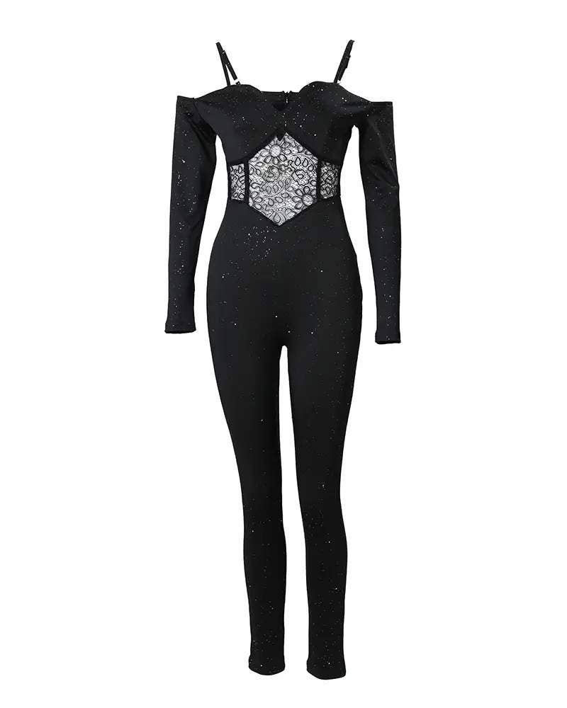 Cold shoulder contrast lace corset jumpsuit