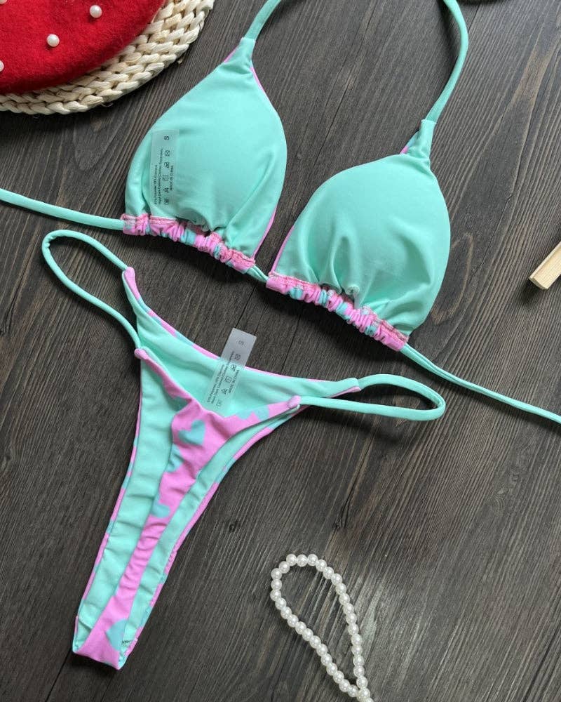 Heart Print Backless Two-Piece Beased Bikini Set 9210
