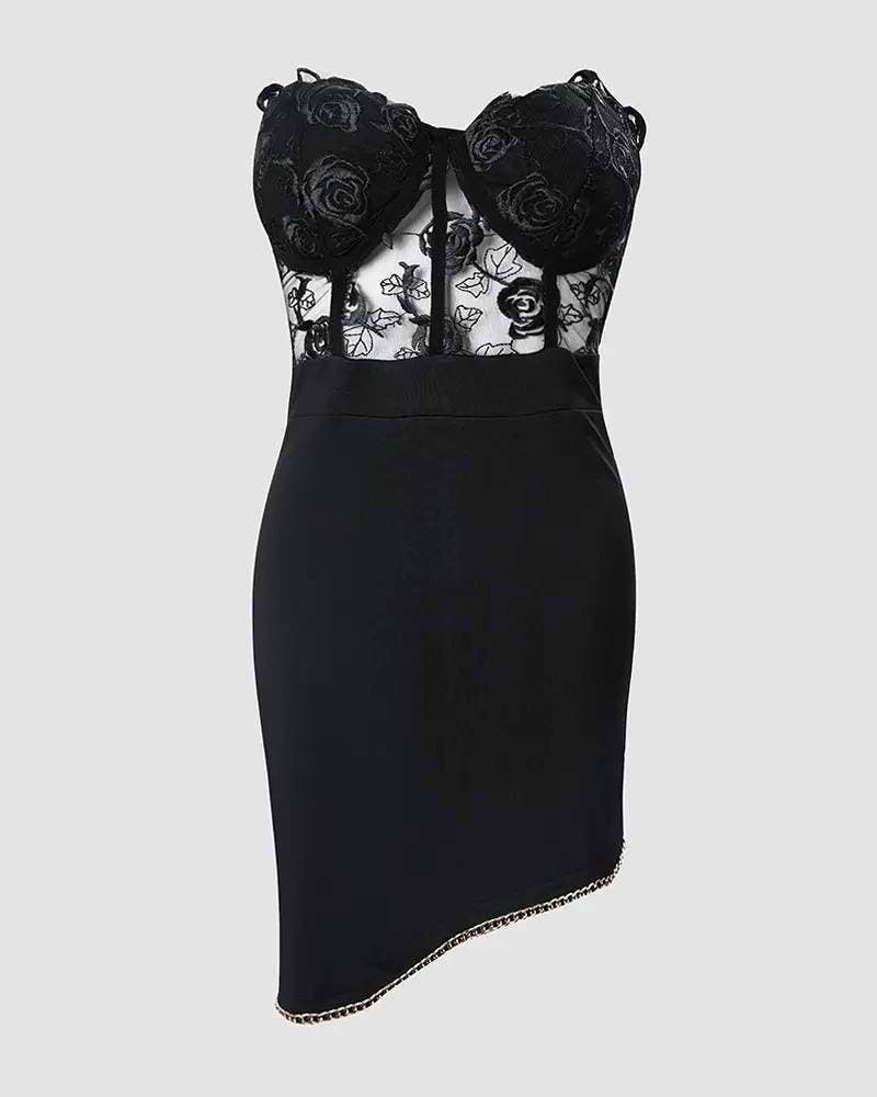 Chain decor contrast lace corset dress