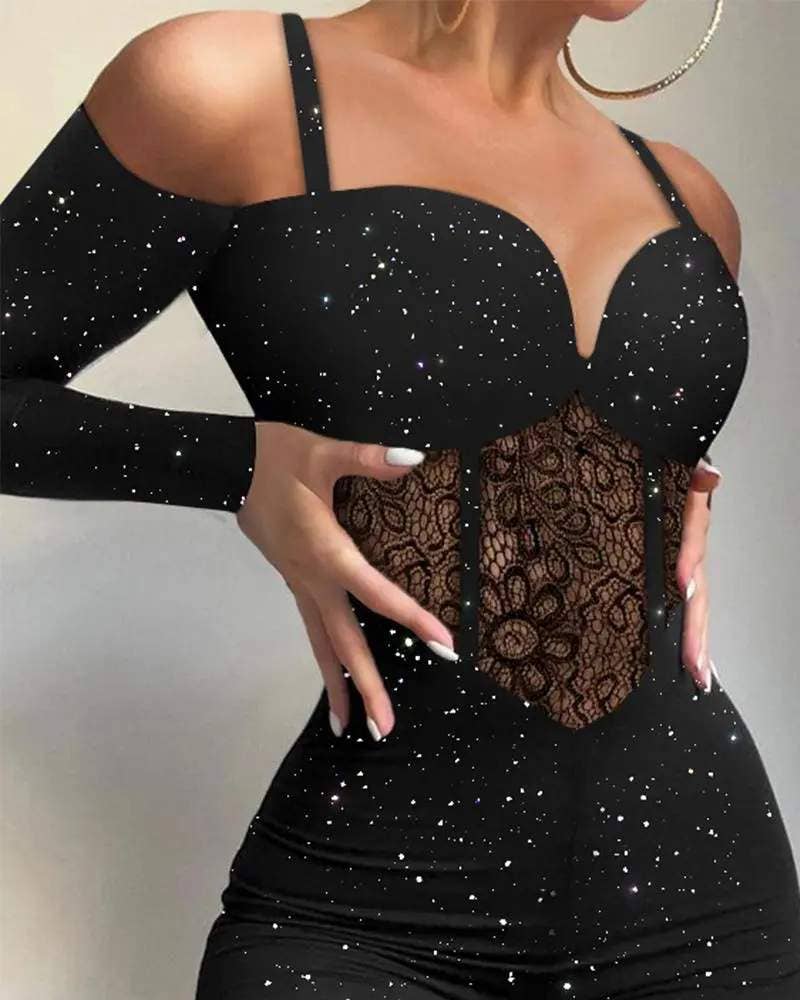 Cold shoulder contrast lace corset jumpsuit