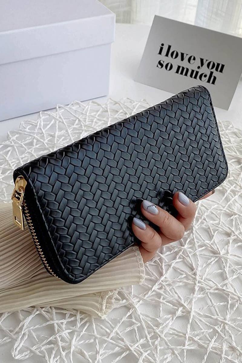 ,_ SI-26747 Trendy Vegan Leather Woven Weave Long Wallet: GREY-171829 / OS