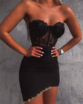 Chain decor contrast lace corset dress
