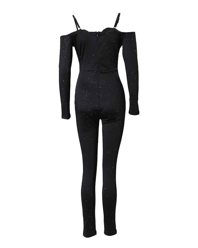 Cold shoulder contrast lace corset jumpsuit