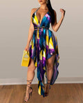 Floral vneck backless pleated irregular dress