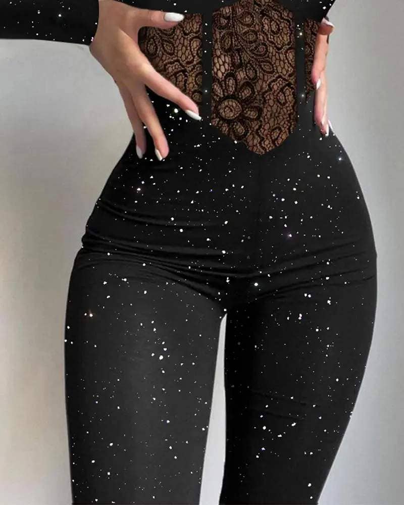 Cold shoulder contrast lace corset jumpsuit