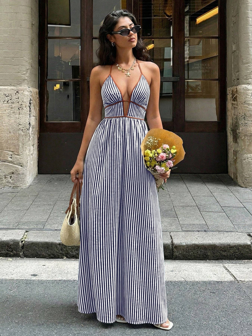 Burgundy Stripe Halter Backless V Neck Maxi Dress