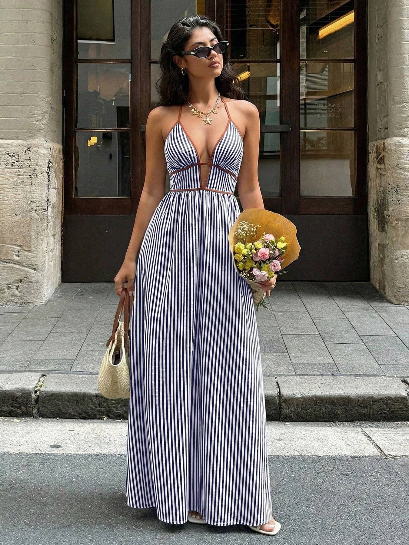 Burgundy Stripe Halter Backless V Neck Maxi Dress
