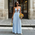 Burgundy Stripe Halter Backless V Neck Maxi Dress