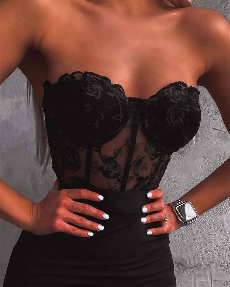 Chain decor contrast lace corset dress